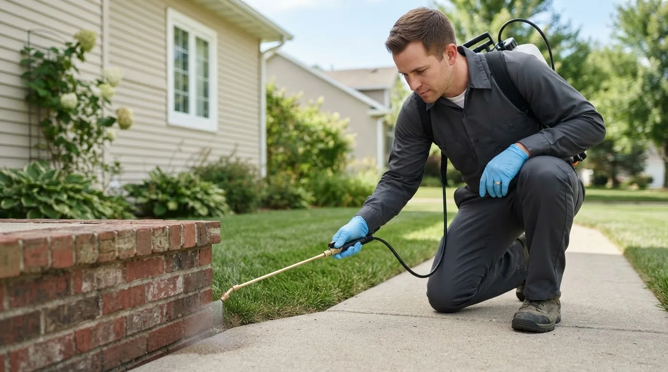 Pest control technician treating a home near Scott City, MO